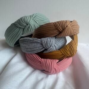 Set of 5 Ribbed Knot Headbands Pastel Pink Gray Mint Mustard Tan Boutique Style